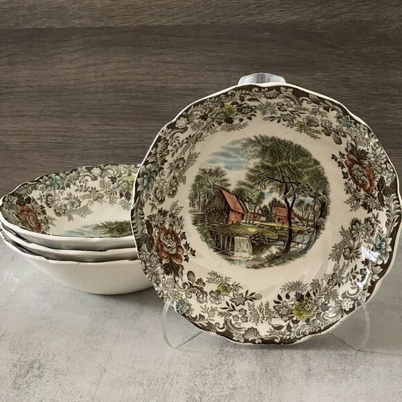 Johnson Brothers Vintage Mill Stream Brown Multi 6-3/8" Soup Bowls Set of Four - Picture 1 of 8